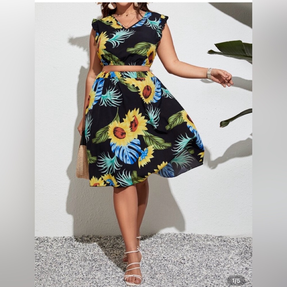 SHEIN Black and Yellow Floral Skirt Set